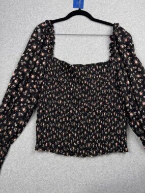 Reformation Top Womens 1X Black Floral Puff Sleeve Square Neck Smocked Blouse